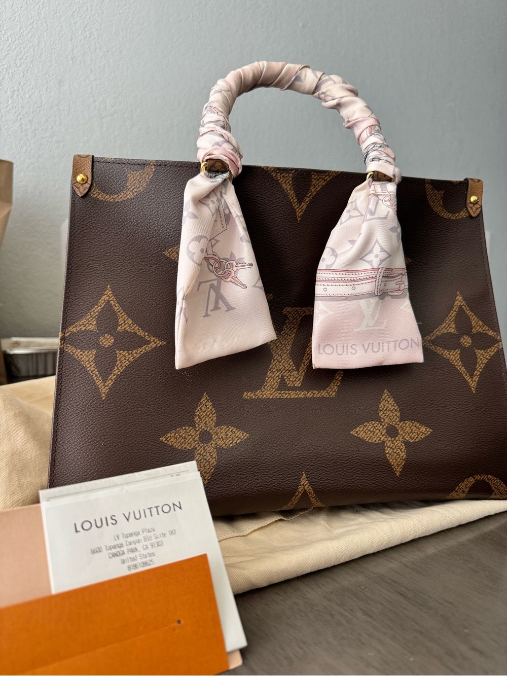 Louis Vuitton Brown Monogram Canvas Top-Handle Tote with Pink Scarf Wrap